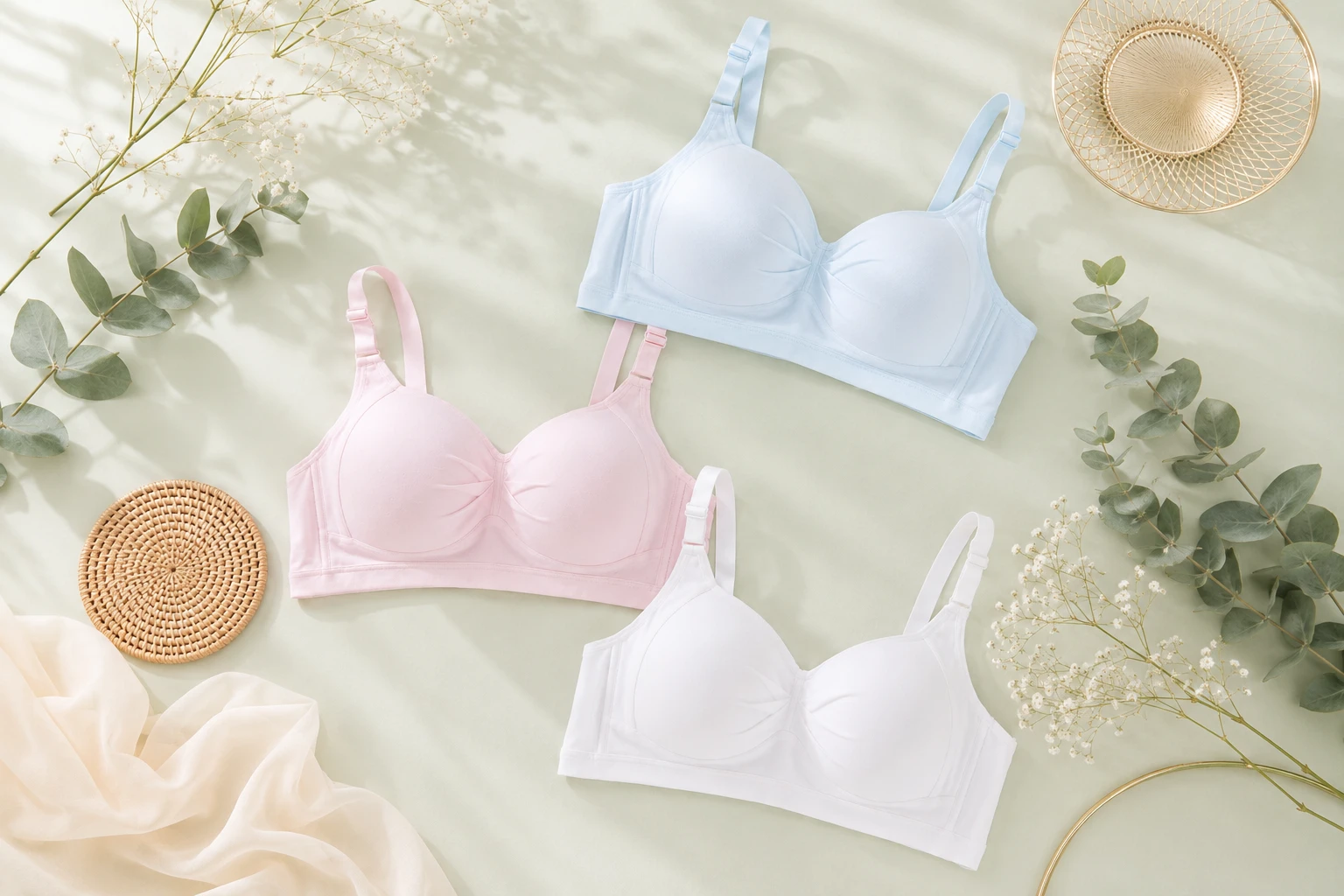 Bộ áo ngực cotton mềm 3 màu trên nền mint