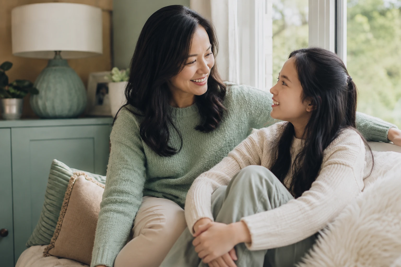 Mẹ và con gái tuổi dậy thì trò chuyện ấm áp