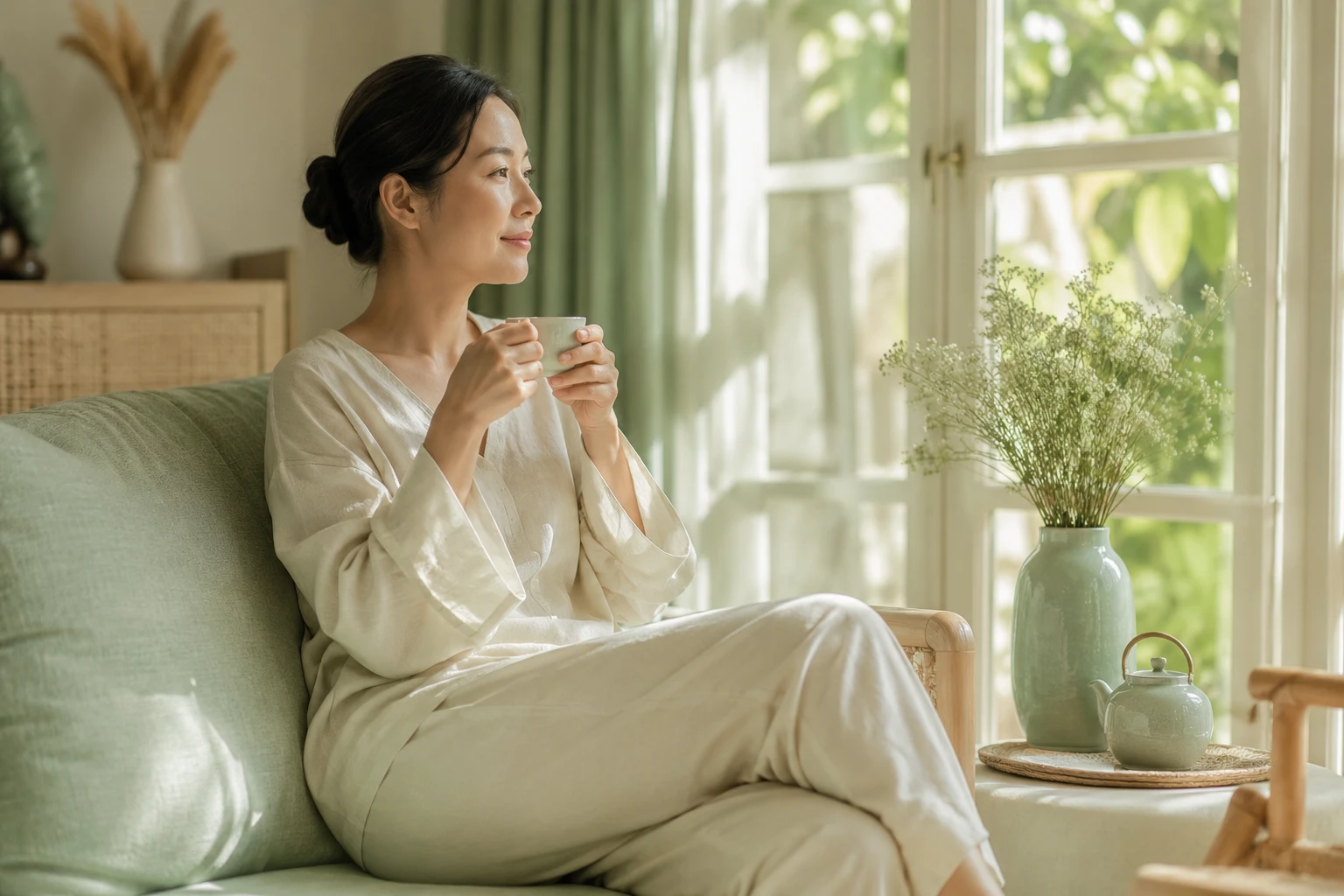Phụ nữ thư giãn bên cửa sổ